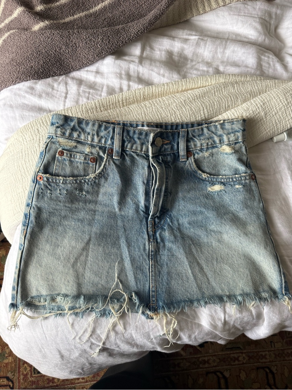 Zara Light Blue Distressed Denim Mini Skirt